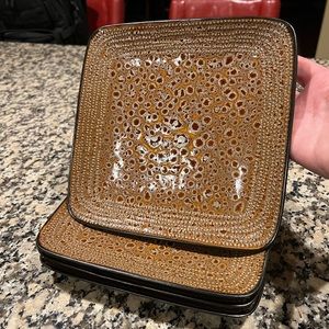 Set of 4 Square Lunch/Salad Plates Black Trim w/Tan raised bumps beading pattern